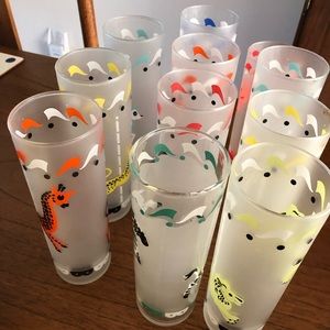 Libbey mid century frosted circus glass set/11